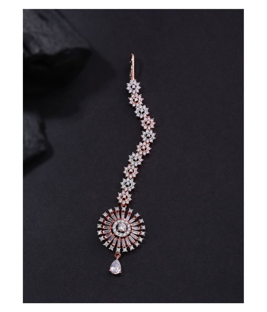     			Priyaasi Floral Design American Diamond Rose Gold Plated Maang Tika