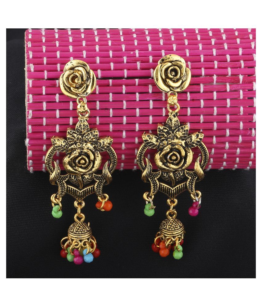     			Silver Shine Beautiful Multicolor Golden Rose with Dangle Jhumki Earrings