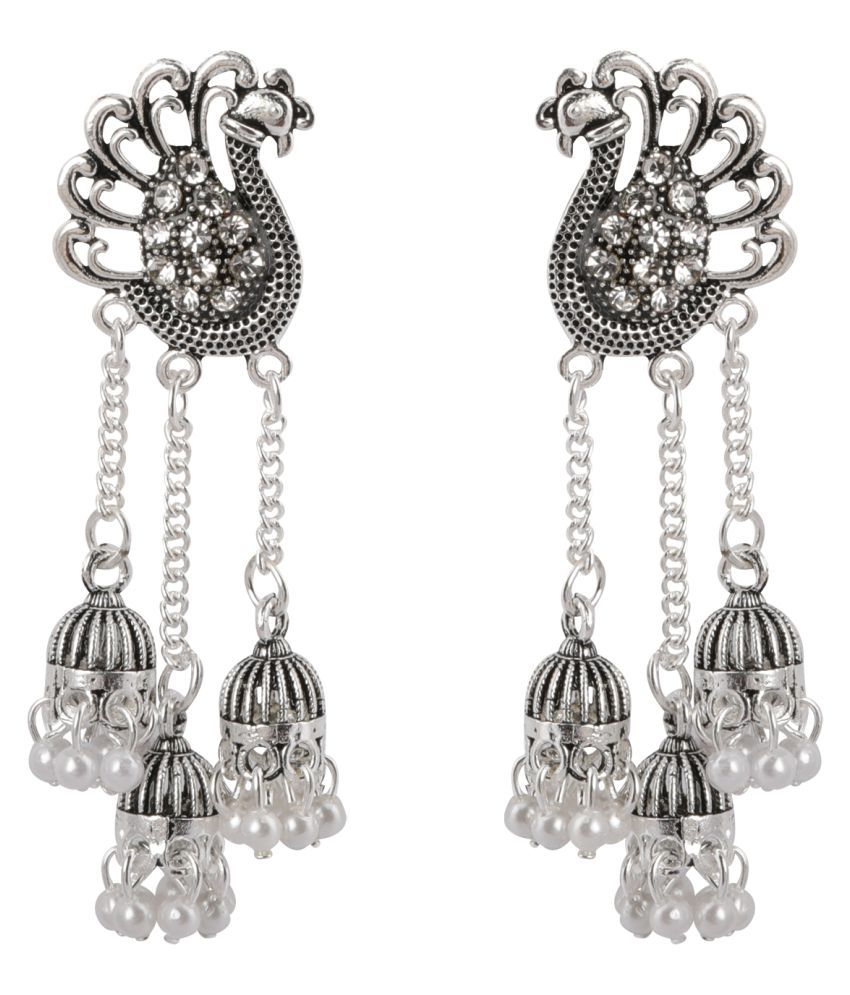     			Silver Shine Dazzling Silver Peacock Tassel Jhumki Earrings for Women