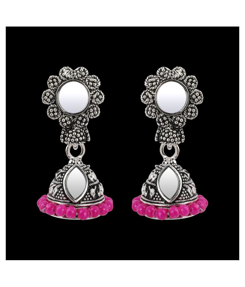     			Silver Shine Elegant Pink Mirror with Beads Jhumki Earrings