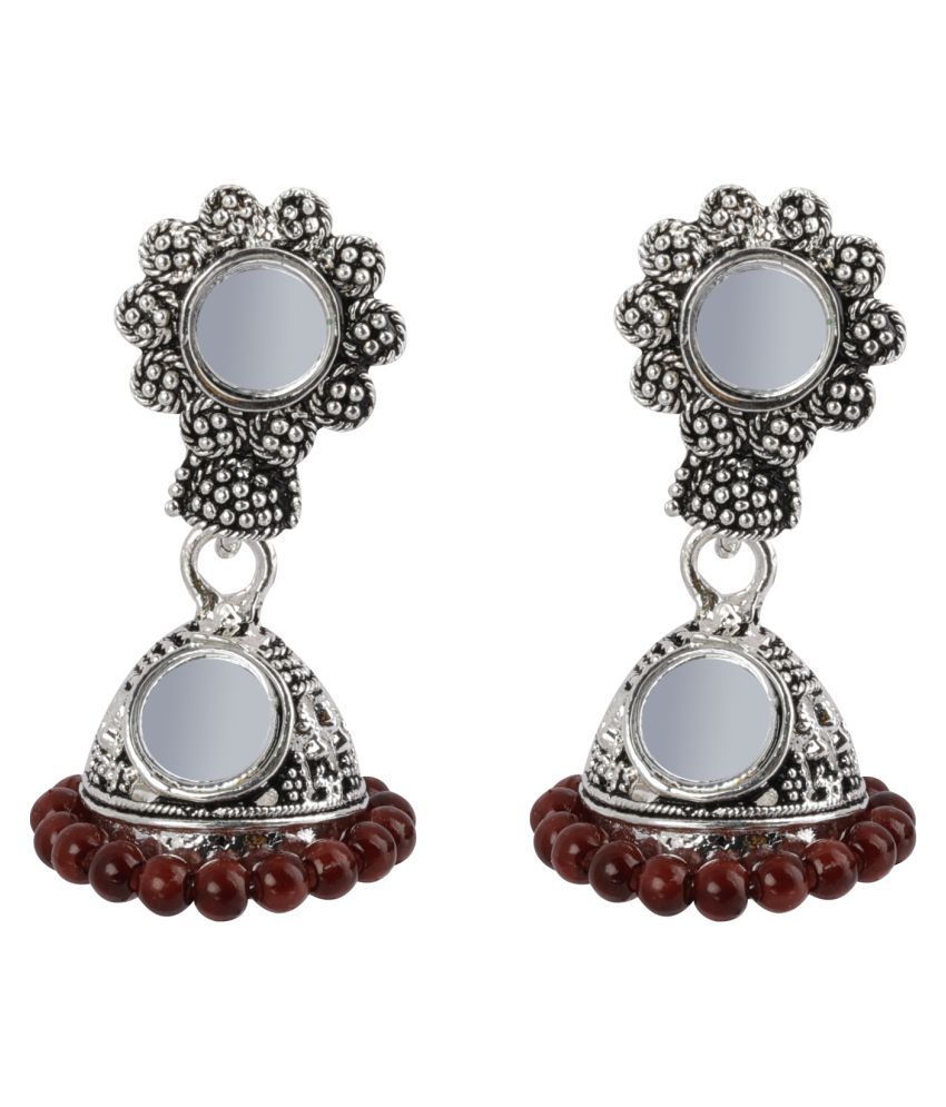     			Silver Shine Facinating Maroon Mirror with Beads Jhumki Earrings