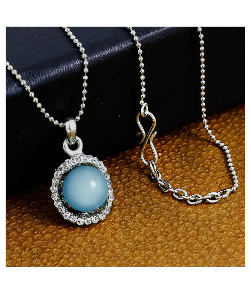     			The Jewelbox Trendy Rhodium Blue Brass American Diamond Pearl Necklace Pendant Chain Set Girls Women