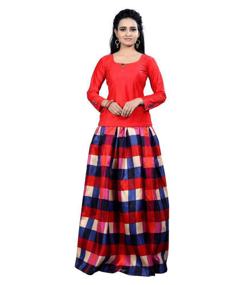 Premvati Fashion Hub Red Satin Chaniya Choli Semi Stitched Lehenga