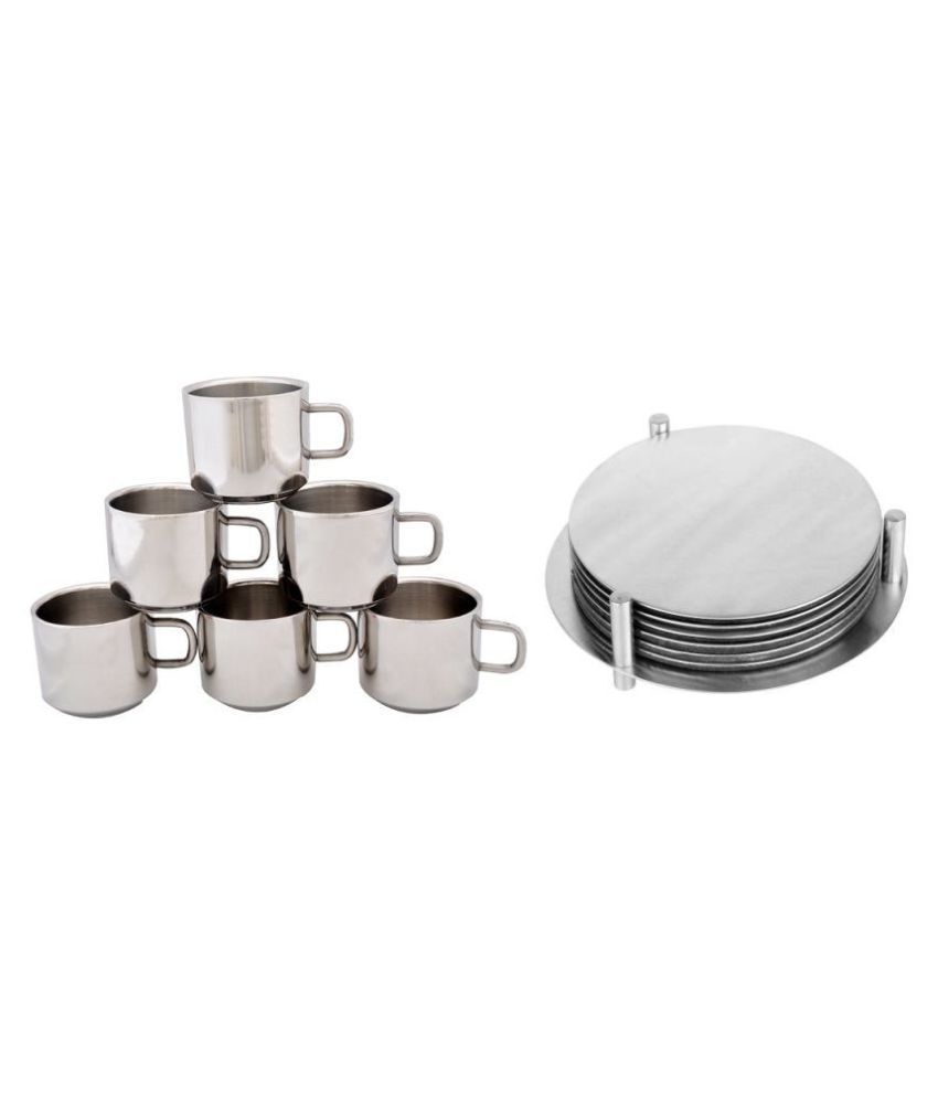     			Dynore Steel 6 Cup&round coaster Double Walled Tea Set 7 Pcs 120 ml