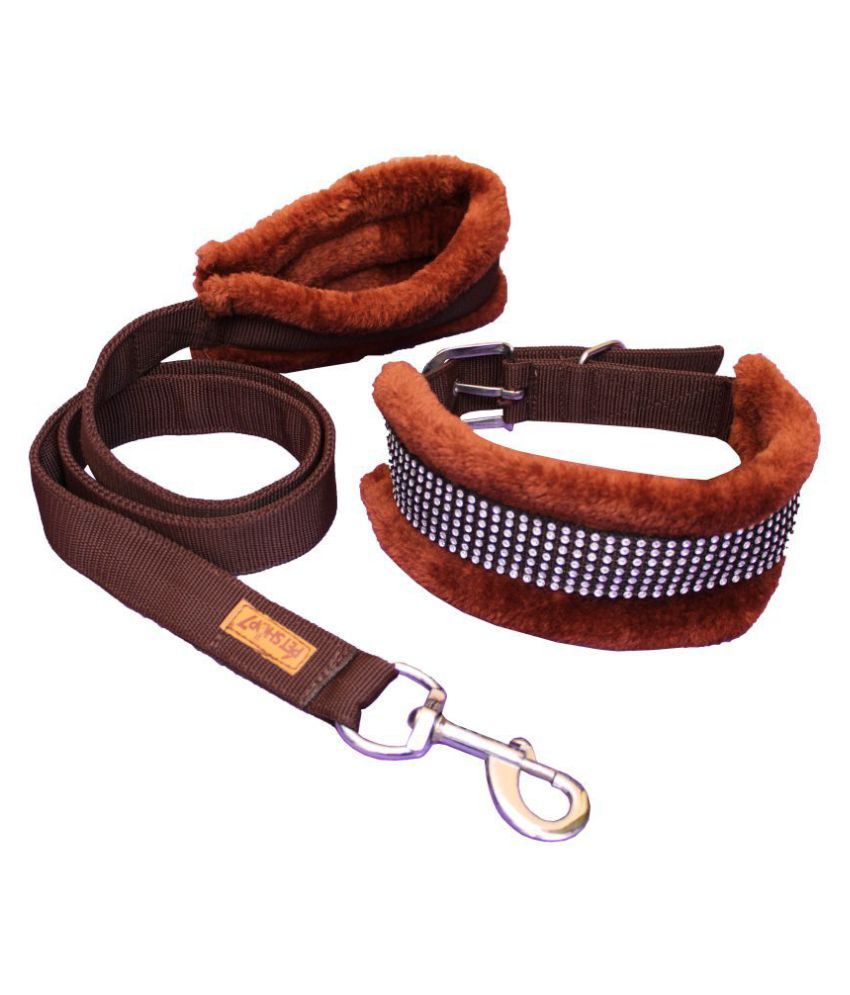     			Petshop7 Premium Quality Fur Padded  Nylon Dog Collar & Leash  Large (Neck Size - 18-22inch) Brown