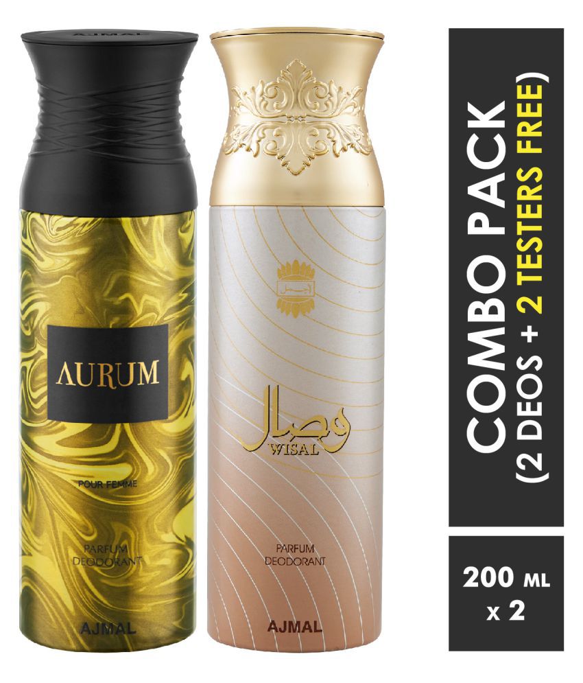     			Ajmal Aurum Femme & Wisal Deodorant Spray  For Women 200ml each (Pack of 2, 400ml) + 2 Parfum Testers  Free