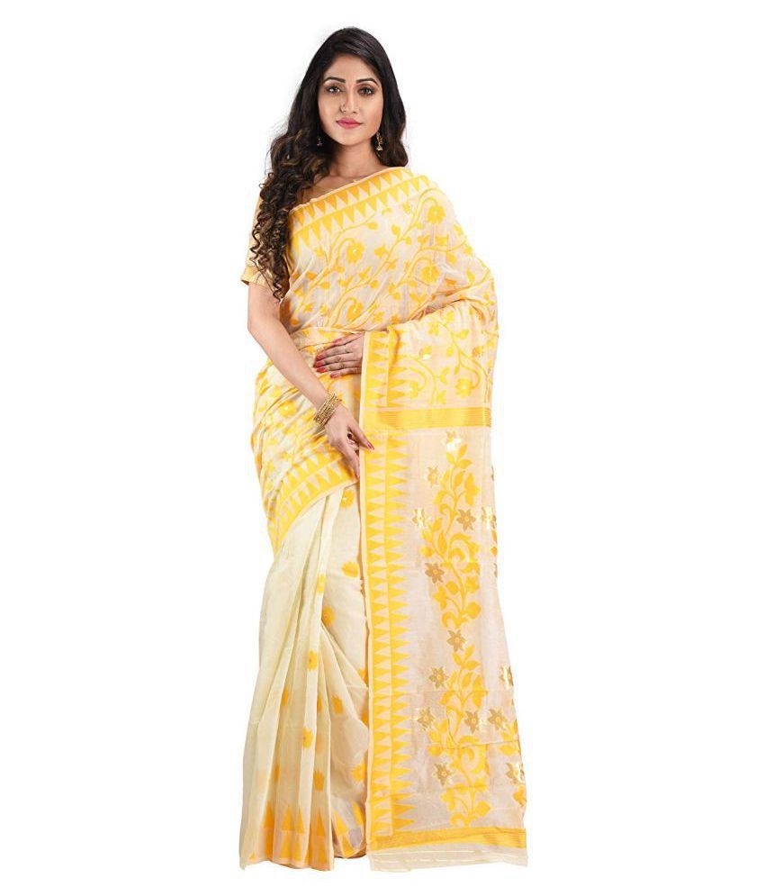     			Desh Bidesh White,Yellow Jamdani Saree