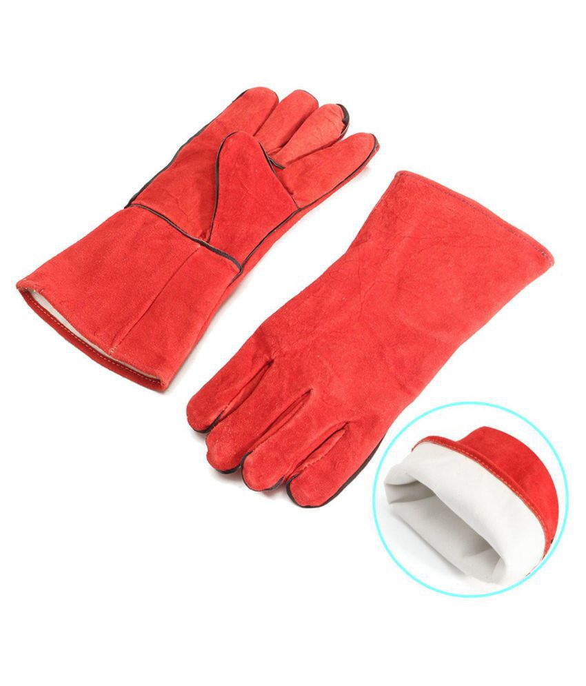 Red  Heat Resistant Gauntlets Gloves Leather Lined Welders Welding Hands Hand 
