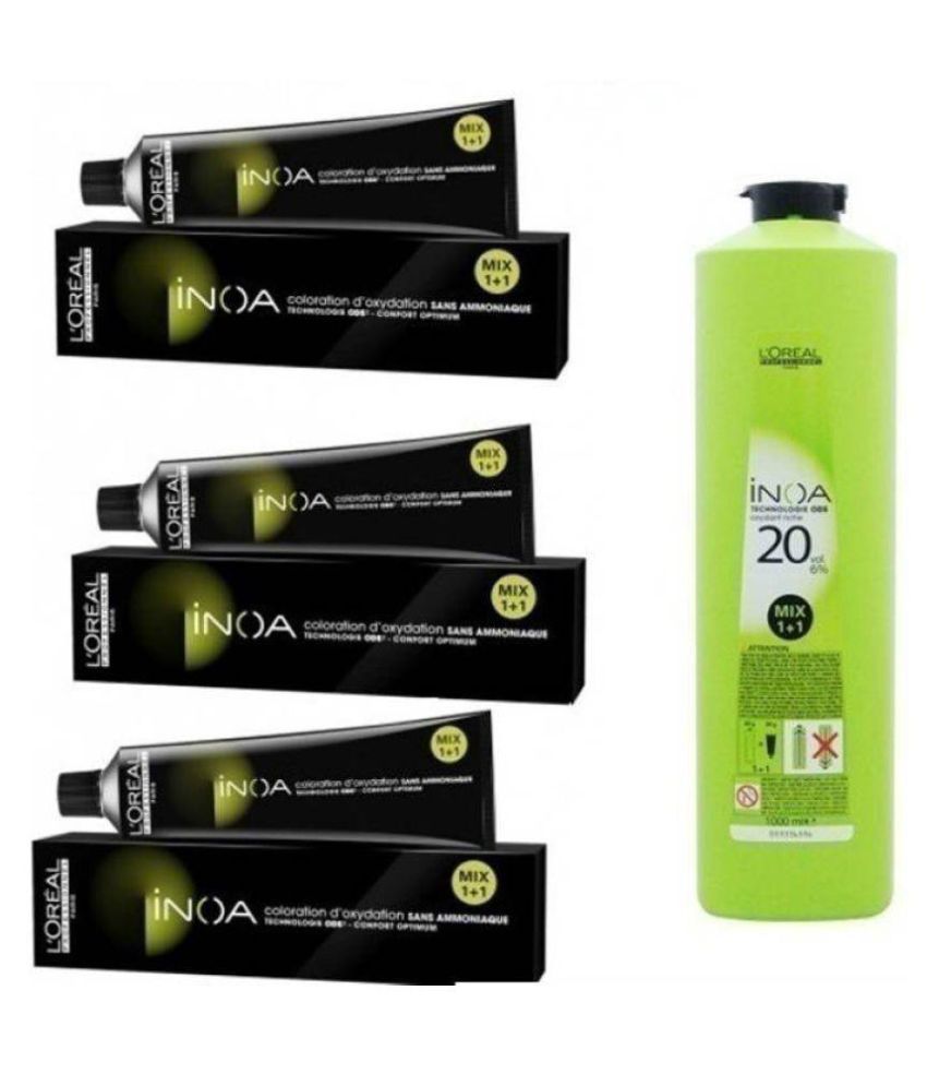 INOA Color No. 1 x 3 Tube Permanent Hair Color Black With Oxydant Riche 20  Vol (6%) 1000 ml Pack of 4: Buy INOA Color No. 1 x 3 Tube Permanent Hair