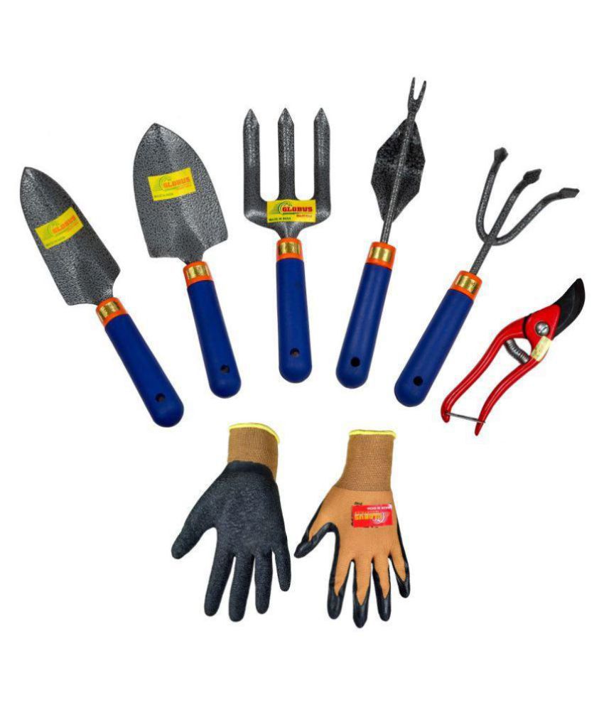     			GLOBUS 936 Garden Tool SET/7 PCS (BLUE Garden set/5 , 8" Red pruner, Garden gloves) 