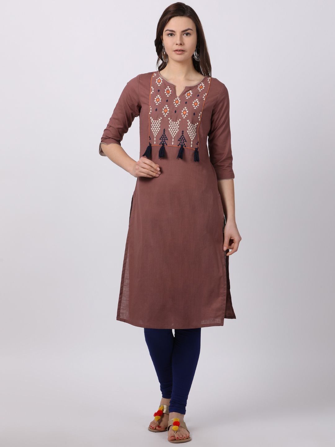 Alena Brown Cotton Straight Kurti - Buy Alena Brown Cotton Straight ...