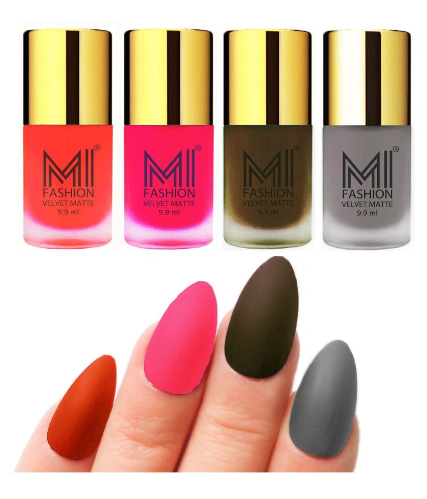     			MI FASHION Dull Rough Velvet Matte Nail Polish Orange,Neon Pink Matte,Olive,Grey  Matte 39.6 ml Pack of 4