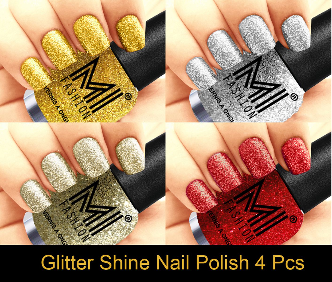 MI FASHION Long Lasting Professional Glitter Nail Polish Golden Gold,Silver,Silver Gold,Red Glitter 48 ml Pack of 4