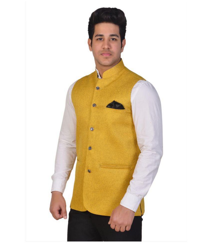 Wearza Yellow Cotton Blend Nehru Jacket - Buy Wearza Yellow Cotton ...