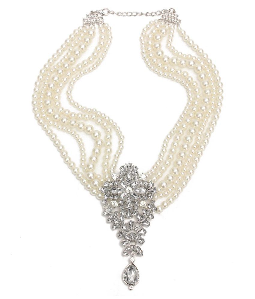 Fashion White Pearl Chain Crystal Collar Charm Statement Pendant Bib Necklace