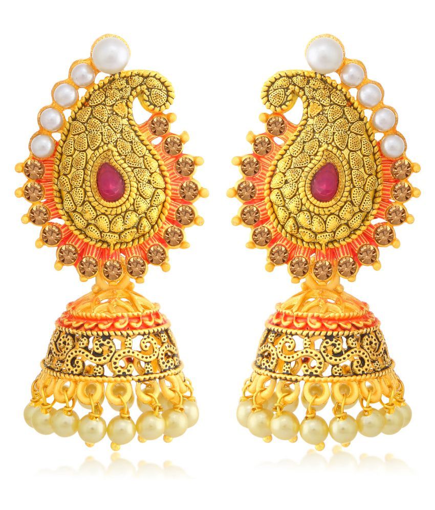     			Sukkhi Marvellous LCT Gold Plated Paisley Pearl Red Mint Meena Collection Jhumki Earring For Women