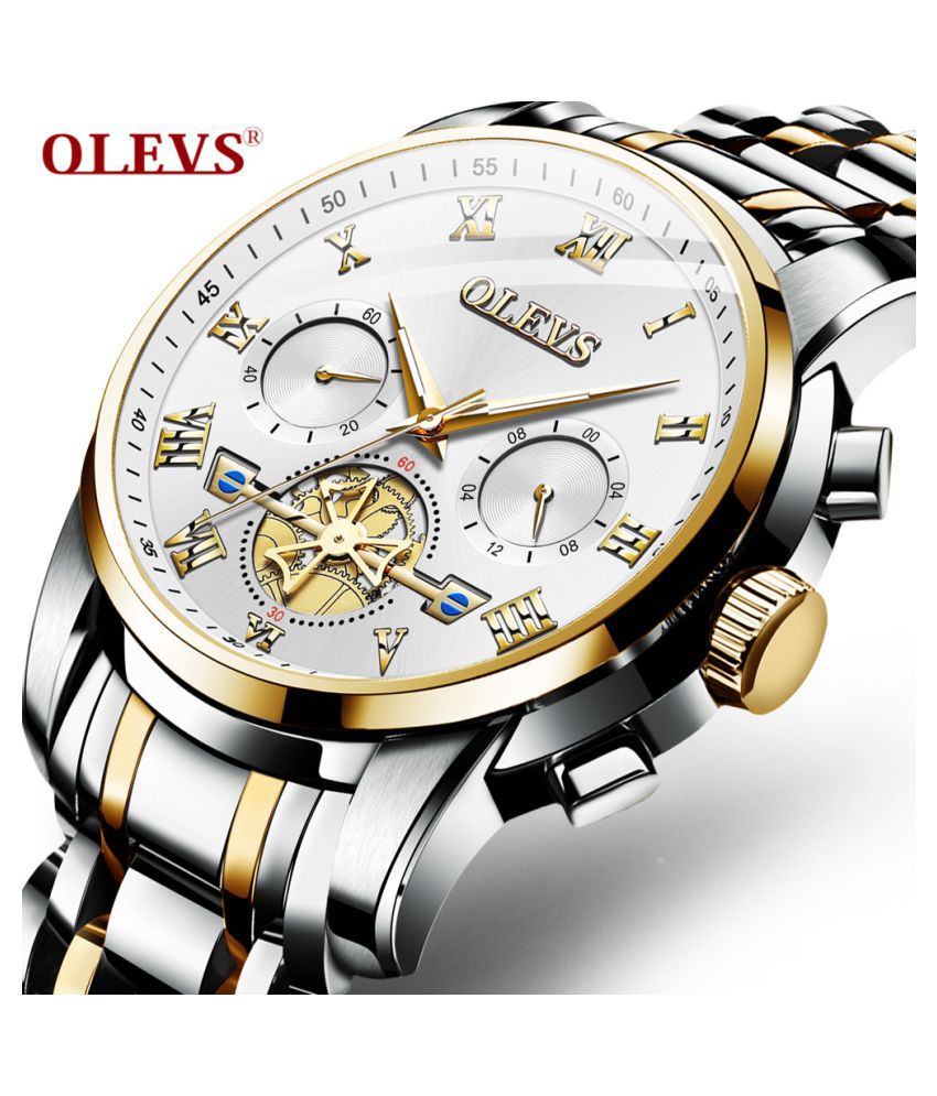 OLEVS Mens White Dial & Silver color Stainless Steel Strap Chronograph ...