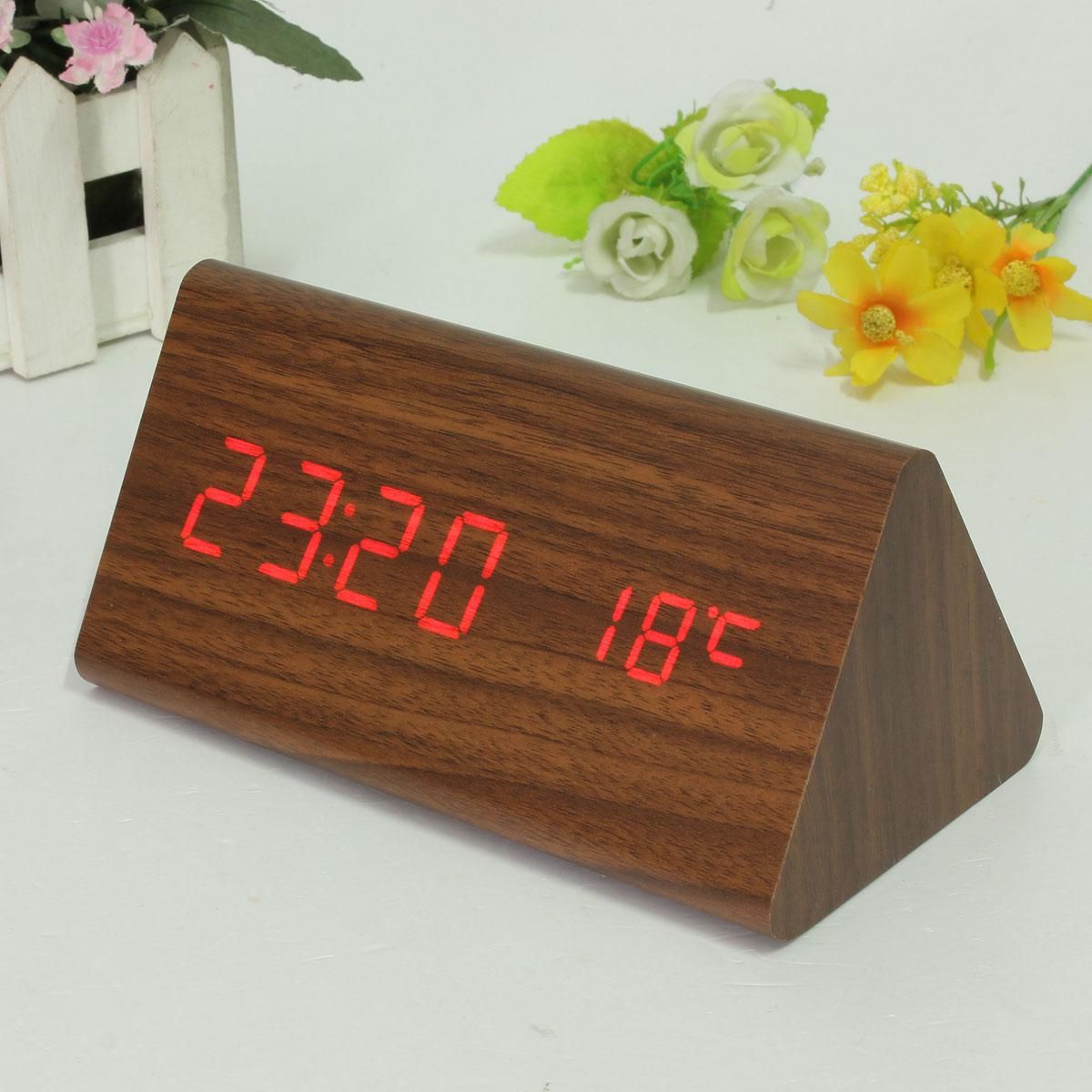 Triangular Wood Digital Led Alarm Table Desk Clock Display Temp