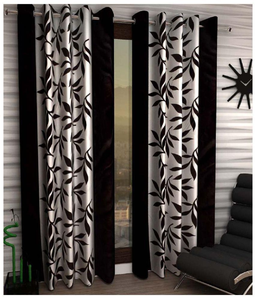     			Phyto Home Floral Semi-Transparent Eyelet Door Curtain 7 ft Pack of 2 -Black
