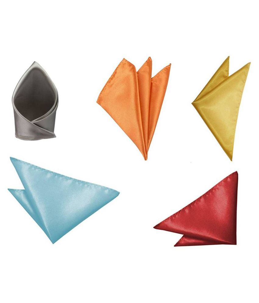     			Voici France Silver, Orange, Gold, Sky and Maroon satin Solid Pocket Square Combo Pack of 5