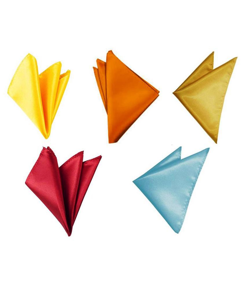     			Voici France Yellow, Orange, Gold, Sky and Maroon satin Solid Pocket Square Combo Pack of 5