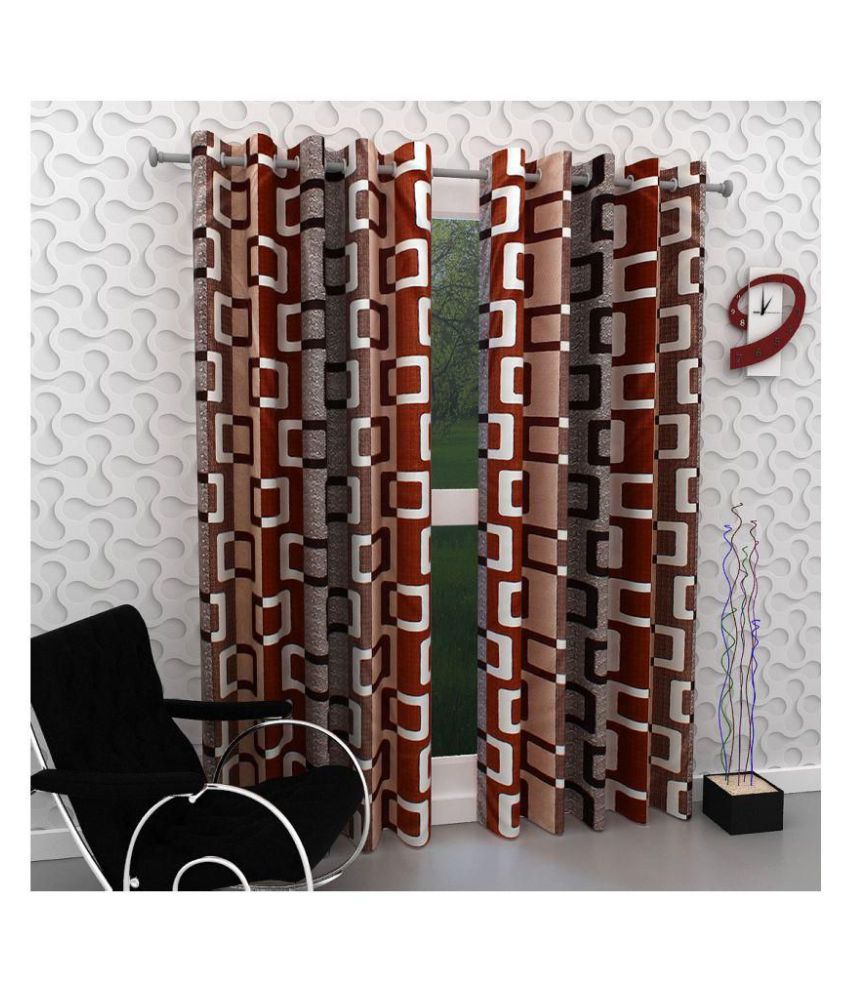     			Panipat Textile Hub Geometrical Semi-Transparent Eyelet Door Curtain 7 ft Pack of 4 -Brown