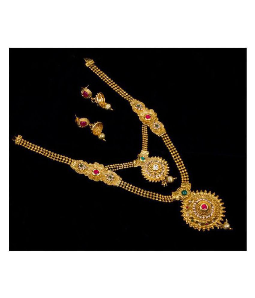     			Piah Alloy Golden Long Haram Traditional High Gold Plated Necklaces Set