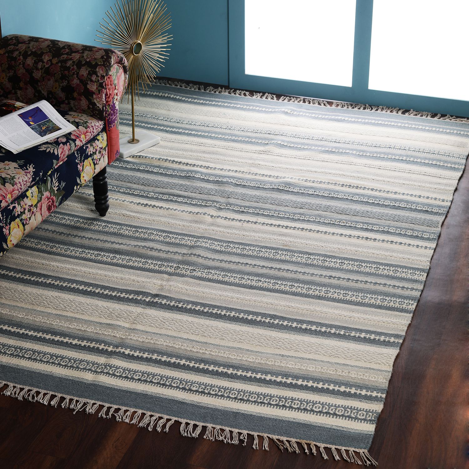     			PEQURA Blue Wool Carpet Stripes 5x7 Ft