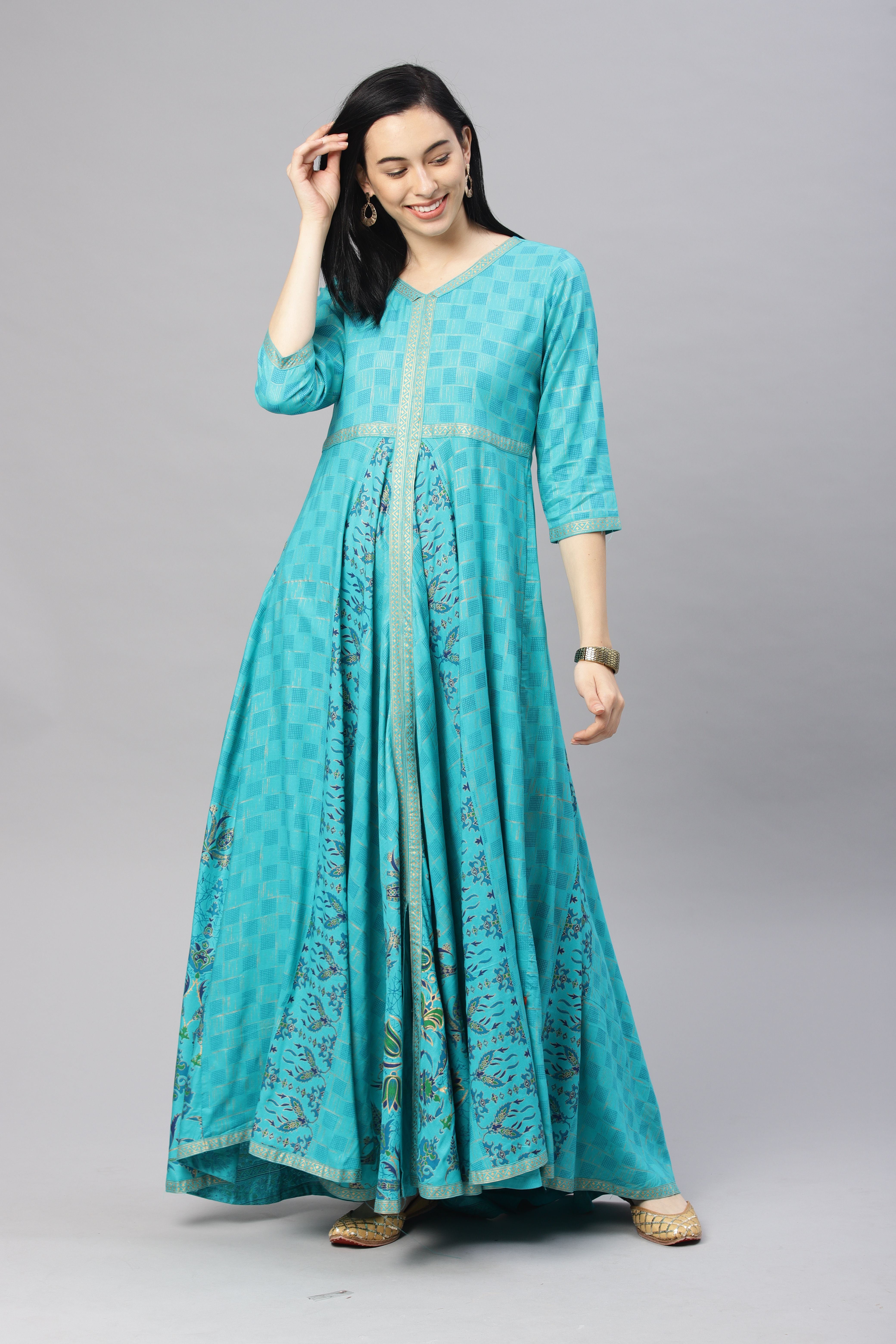     			Alena Turquoise Viscose A-line Kurti