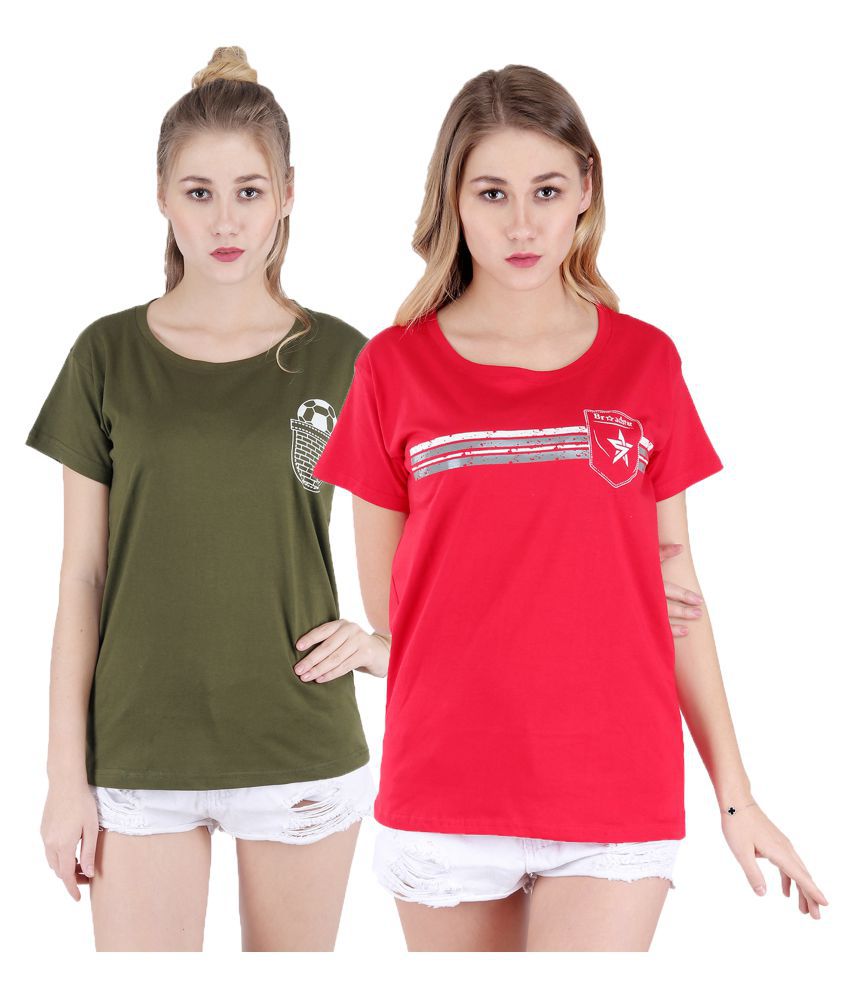 Broadstar Red and Green Cotton Lycra T-Shirts Pack of 2