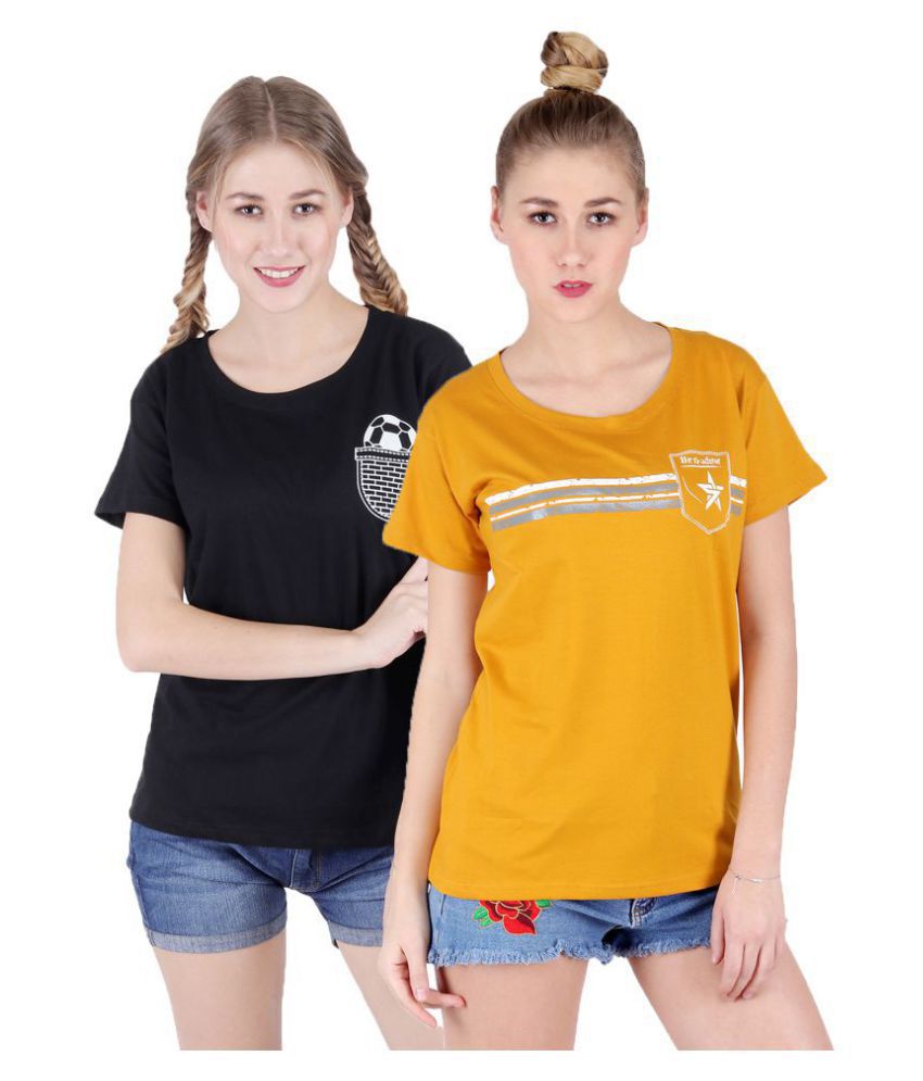 Broadstar Black and Yellow Cotton Lycra T-Shirts Pack of 2