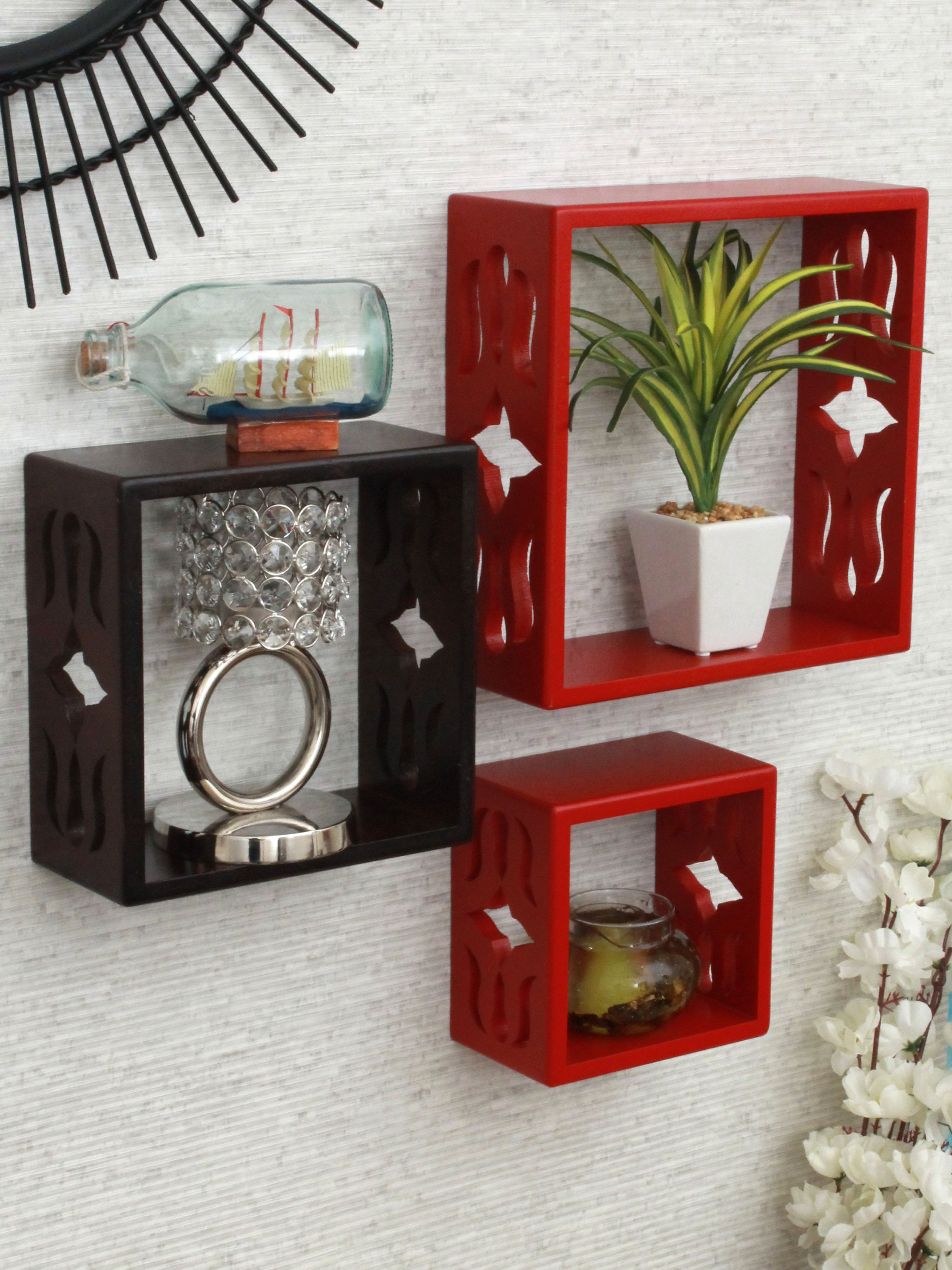 Home Sparkle MDF Set of 3 cube Wall Shelves For Wall Décor -Suitable For Living Room/Bed Room (Designed By Craftsman)