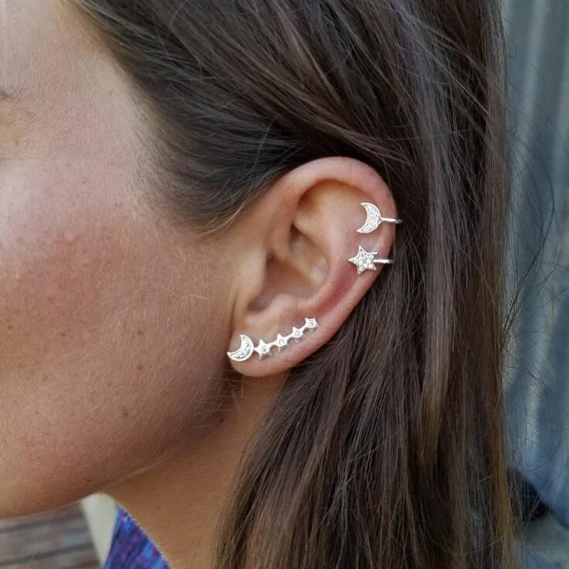 Elegant Women Diamond Stud Earring Star Moon Shape Hoop Earring