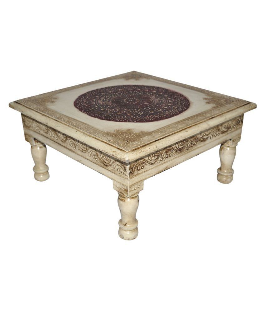 Lalhaveli Vintage Handpainted Work Design Wooden Indian Puja Chowki Table 11 X 11 X 5.5 Inches
