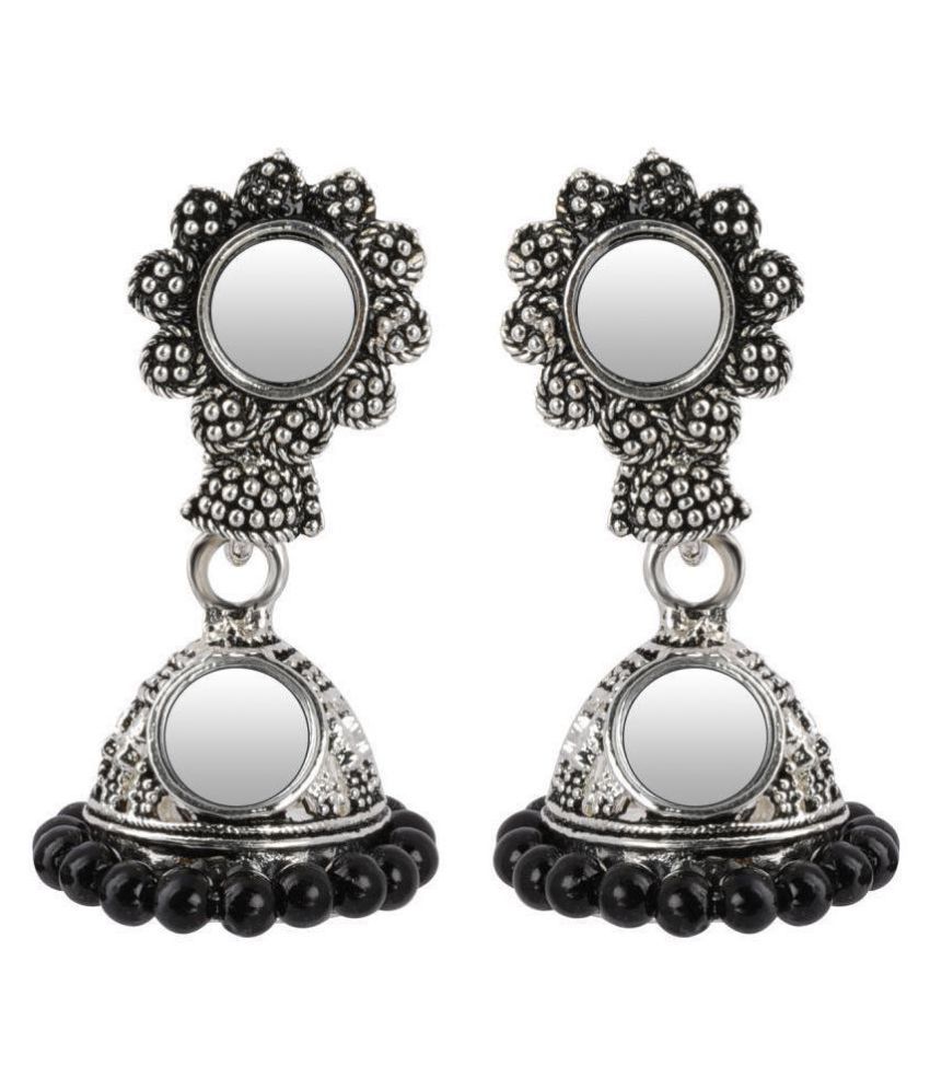     			Silver Shine Spunky Green Mirror with Beads Jhumki Earrings.