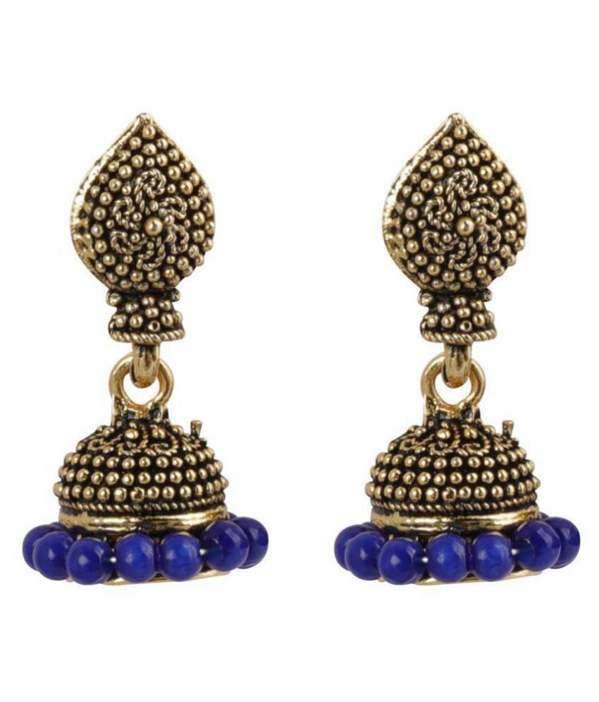     			Silver Shine Stunning Blue Beads with Golden Dots  Jhumki Earrings.