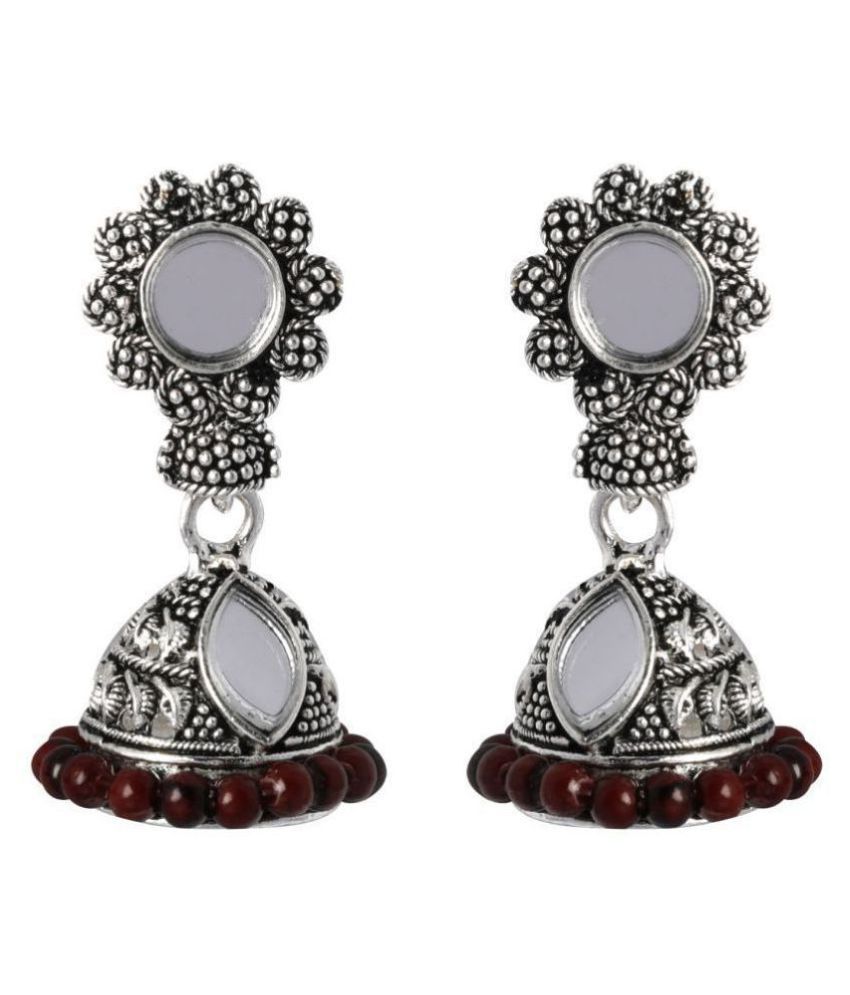     			Silver Shine Trendy Maroon Mirror with Beads Jhumki Earrings.
