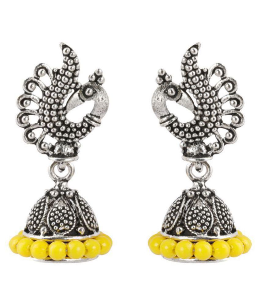     			Silver Shine Alluring Yellow Beads in Peacock Shape Jhumki Earrings