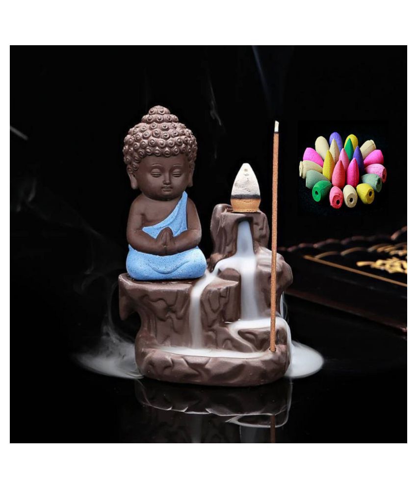 DEDHAS Blue polyresin Buddha Smoke Fountain Backflow Statue with 10 Incense Cones