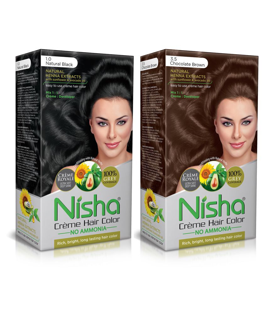     			Nisha (60gm, 60ml, 12ml) Cream  Each Pack Permanent Hair Color Brown Natural black & Chocolate Brown 3.5 120 mL Pack of 2