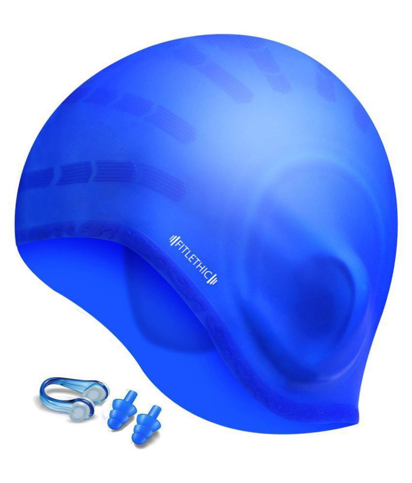 Fitlethic Long Hair Swimming Cap, Silicone Waterproof Swim Cap with Ear Protection for Women, Men and Adults, 3D Ergonomic Design Comfortable and Durable Comes with Nose Clip & Ear Plugs - Blue