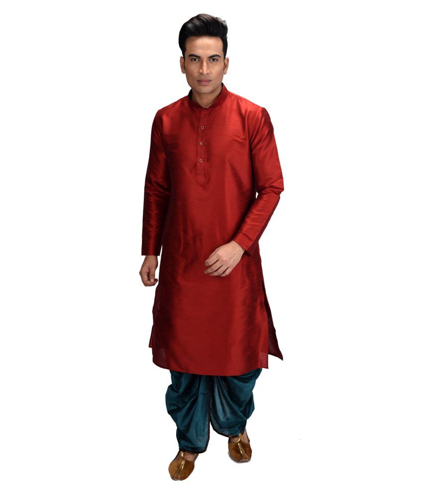     			Deyann Red Silk Blend Dhoti Kurta Set