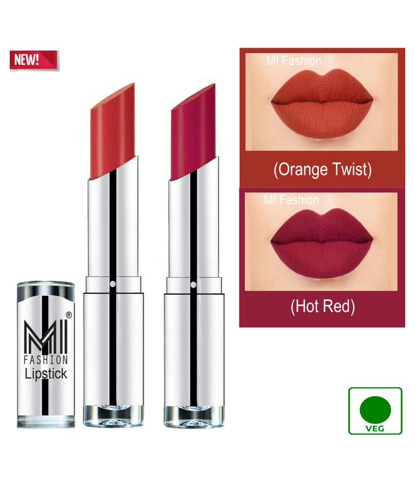     			MI FASHION 100% Veg Soft Matte Long Stay Lipstick Combo Orange,Red Multi Pack of 2 7 g