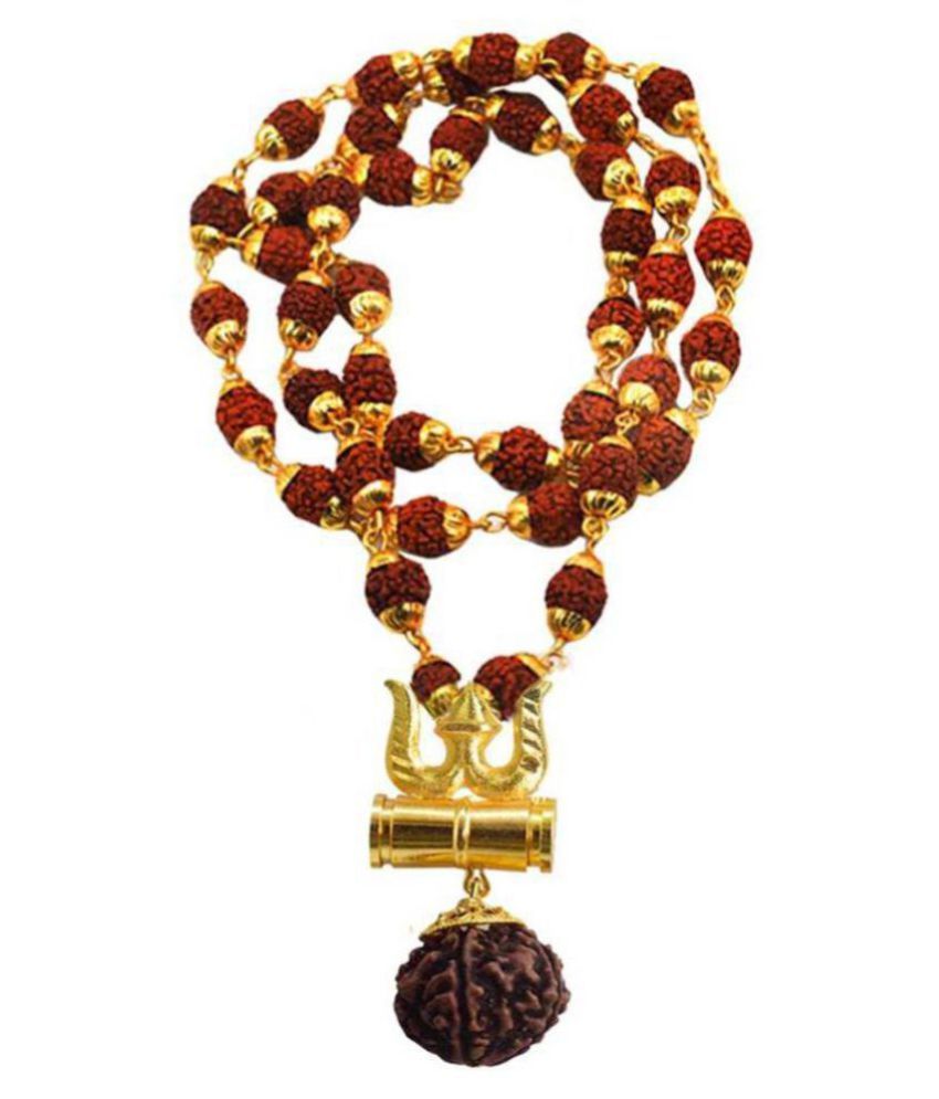     			Loard Shiv Trishul Damru Locket With Puchmukhi Rudraksha Mala Gold-plated Brass, Wood