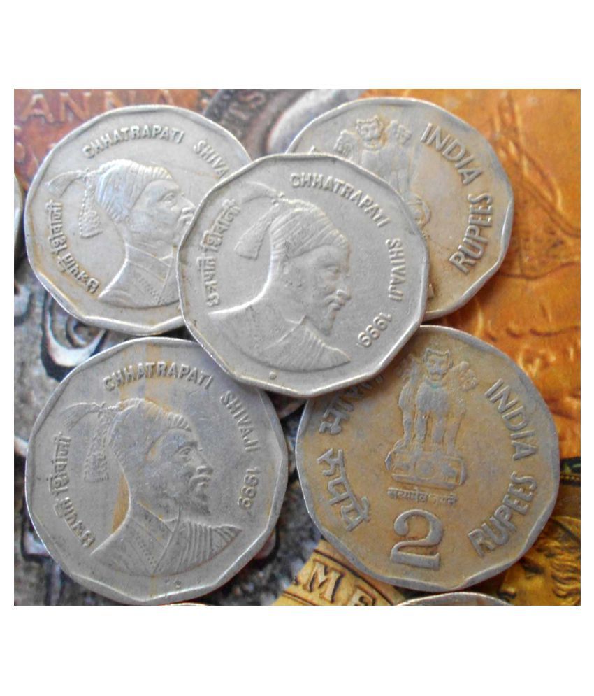     			10 Pieces LOT - 2 Rupees (Chhatrapati Shivaji) 1999 Circulating Commemorative : Chhatrapati Shivaji Copper-Nickel • 5.69 g • ⌀ 25.9 mm * CIRCULATED Condition * - India for PUJA PURPOSE