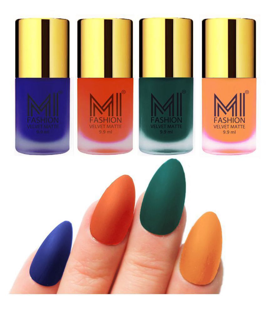     			MI FASHION Matte Nail Paint Set Combo Orange Nail Polish Royal Blue,Saffron Green Matte Pack of 4 40 mL