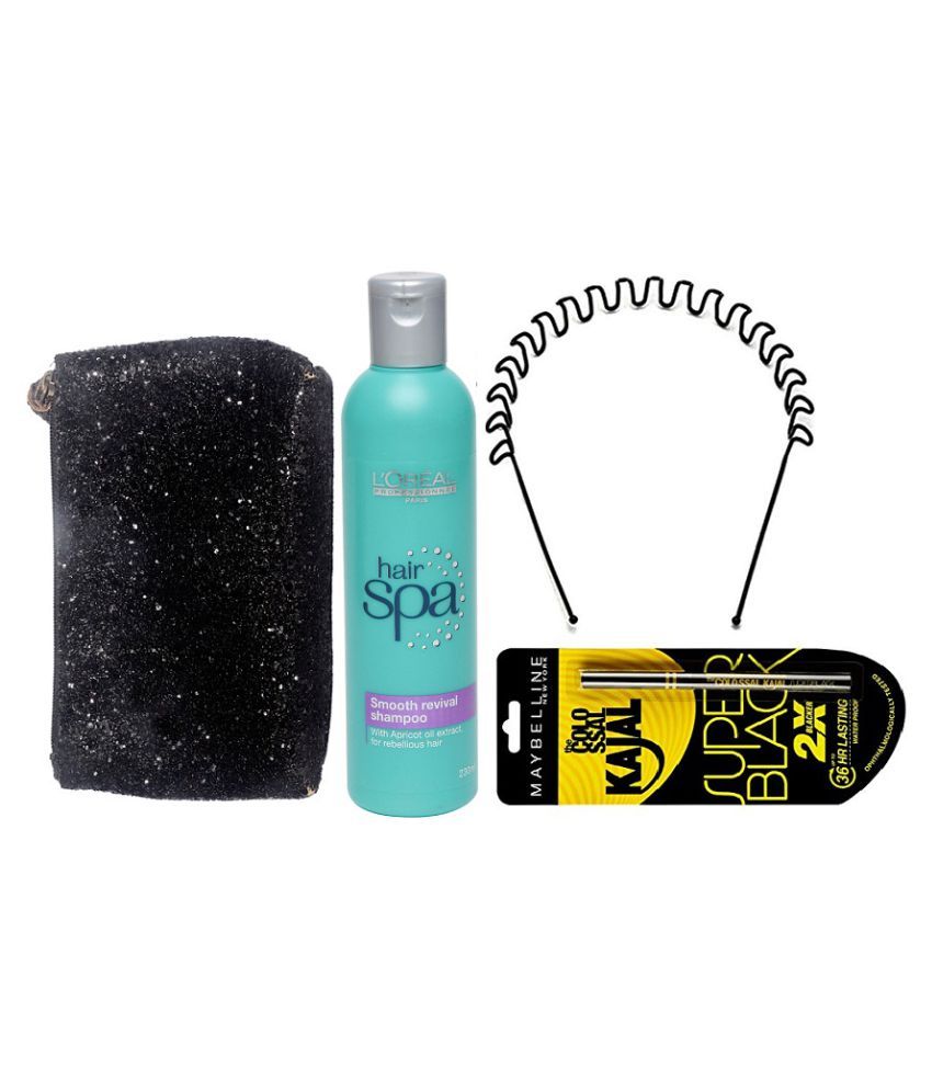 Super Black Kajal & hair spa smooth revival shampoo with black colored bag & zig zag hair band. Makeup Kit 230: Buy Super Black Kajal & hair spa smooth revival shampoo with Super Black Kajal & hair spa smooth revival shampoo with black colored bag & zig zag hair band. Makeup Kit 230: Buy Super Black Kajal & hair spa smooth revival shampoo with