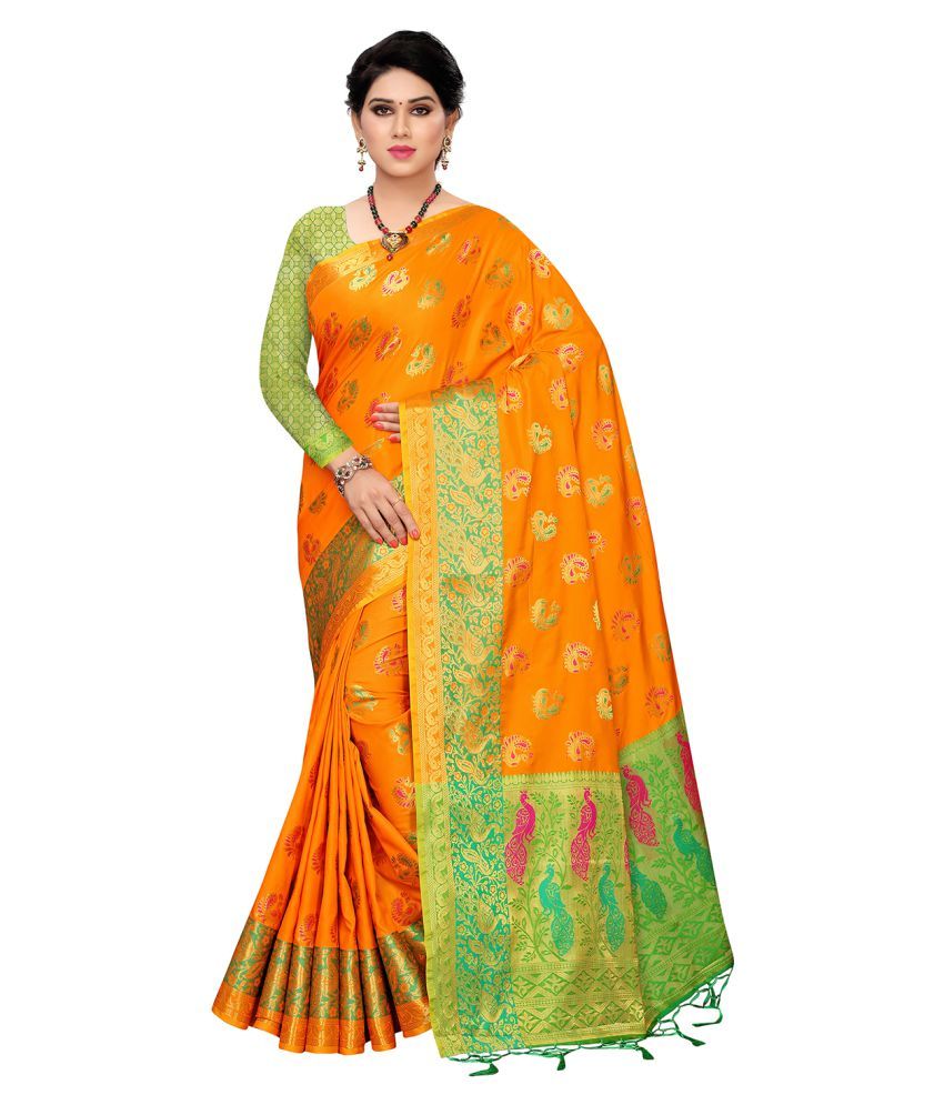     			Pisara Orange Banarasi Silk Saree