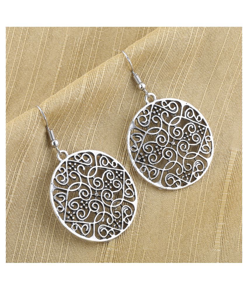     			Silver Shine Ravishing Silver Mughal Jali Design Carved Earrings for Women