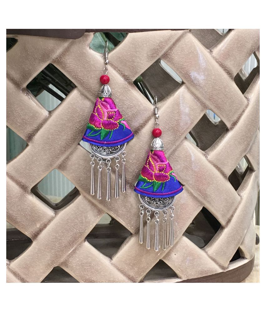     			Digital Dress Room Ethnic Silver Plated Oxidised Metal Alloy Hook Earrings Traditional lightweight Multicolored Embroidered Floral & beads Dangler Earrings Stylish Fancy Party Wear Jewellery For Women and Girl